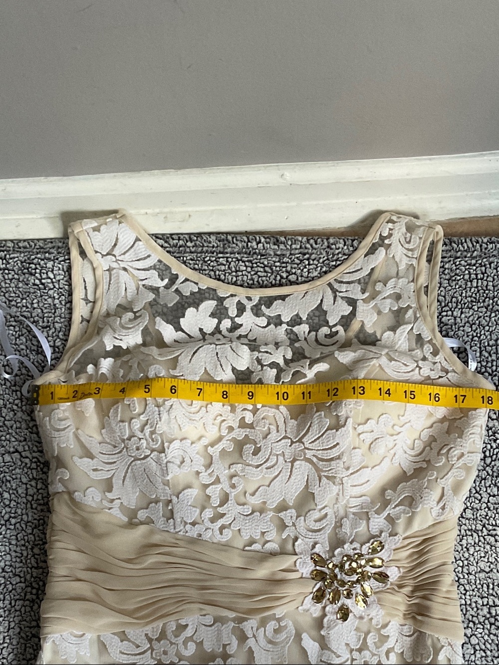 Montage by Mon Cheri Ivory Lace Maxi Dress with Champagne Sash - Picture 10 of 16